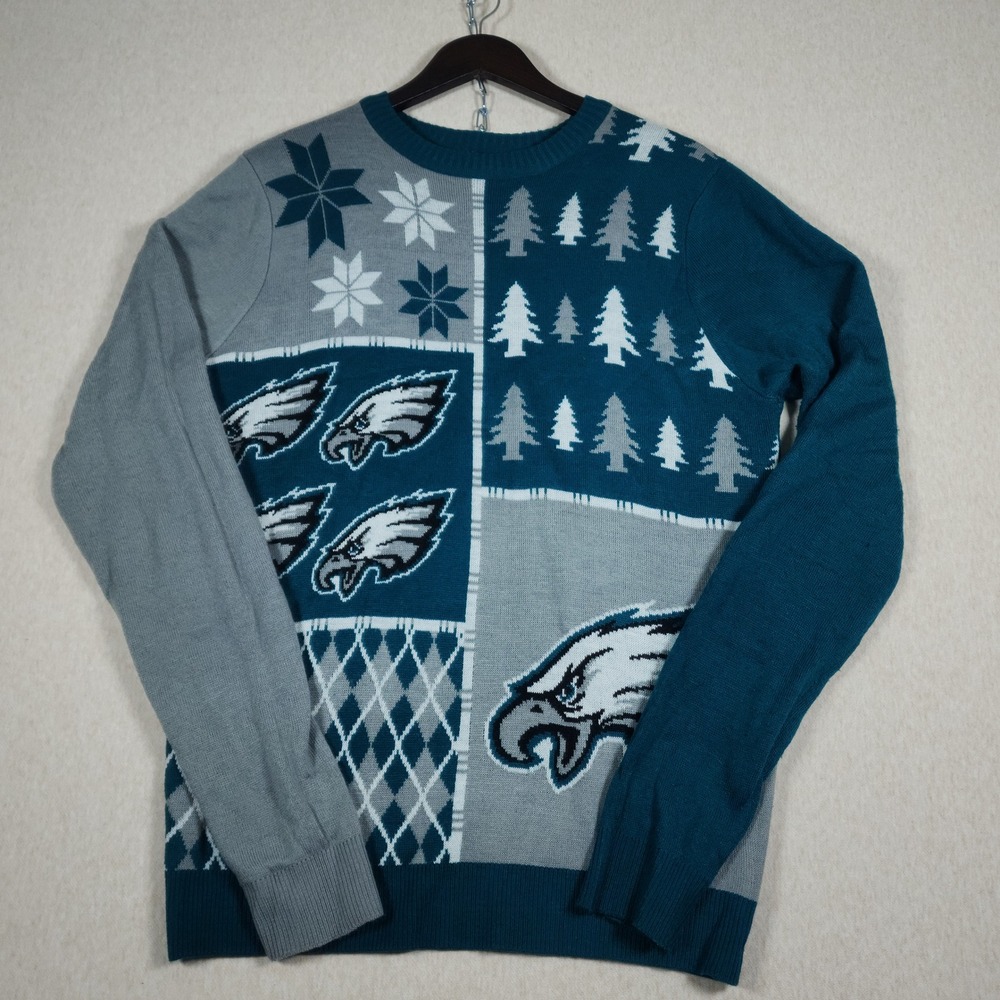 NFL Philadelphia Eagles Ugly Christmas Sweater Knit Patchwork Fair Isle Teal